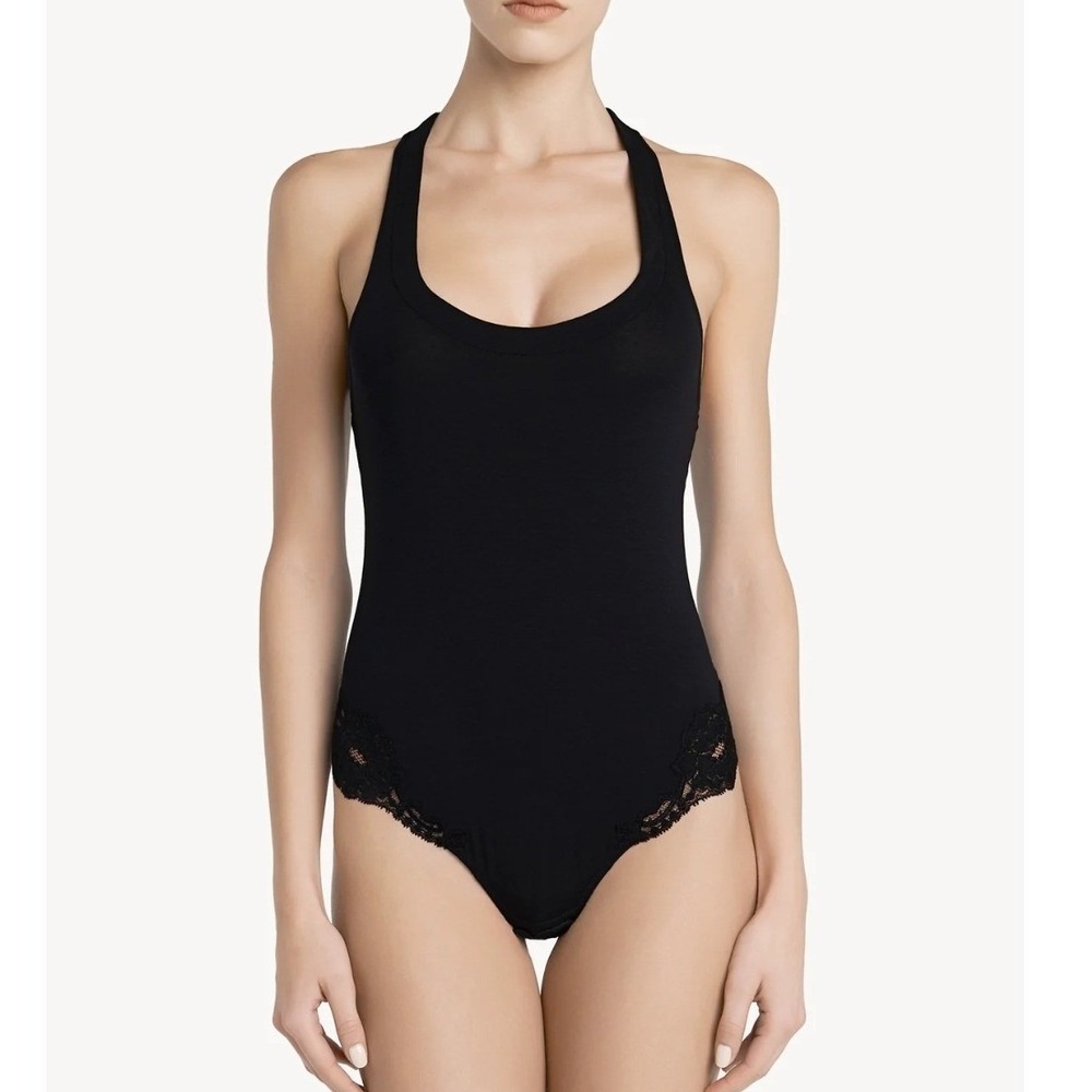 La Perla Souple Black Cotton Lace Racerback Bodysuit
